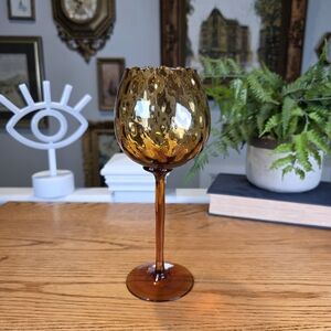 Vintage Amber Optic Glass Goblet Wavy Rim Long Stem MCM Wine Glass 9"